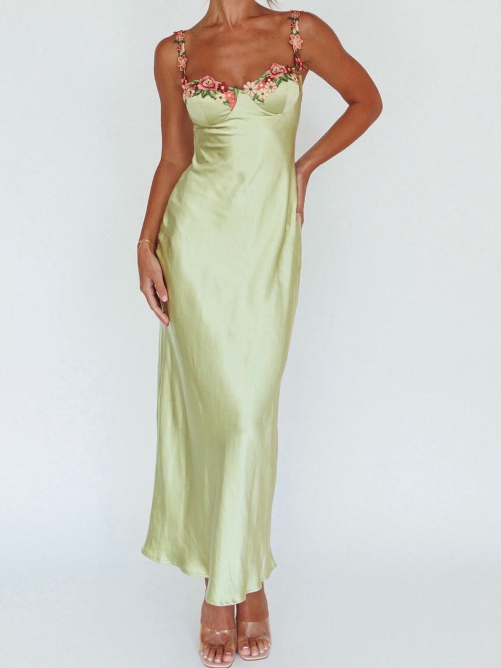 Fairycore Angel Biba Satin Slip Dress with Floral Embroidered Trim - Light Green